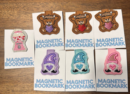 Embroidered Valentine’s Day Magnetic Bookmarks – Highland Cows, Gnomes and Bubblegum Machine