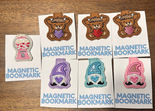 Embroidered Valentine’s Day Magnetic Bookmarks – Highland Cows, Gnomes and Bubblegum Machine