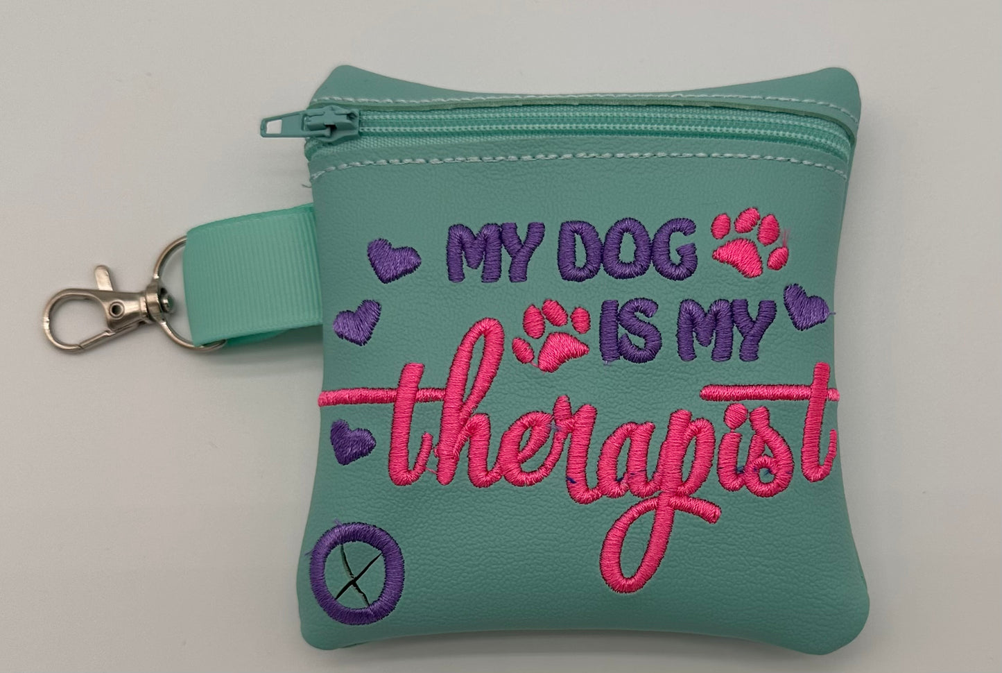 Dog Waste Bag Holder,  Zipper Pouch, Embroidered Funny, "My Dog is my Therapist"