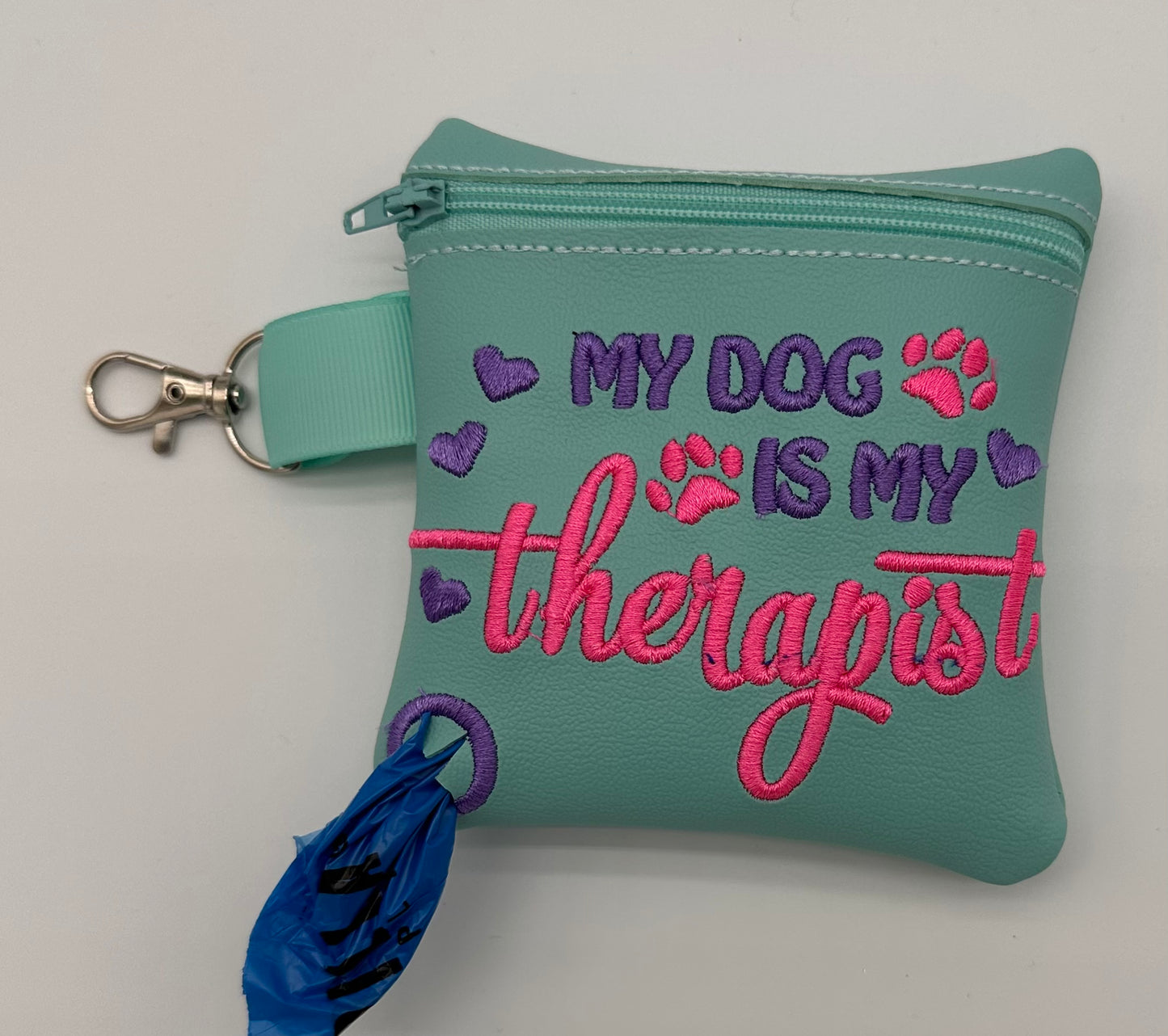 Dog Waste Bag Holder,  Zipper Pouch, Embroidered Funny, "My Dog is my Therapist"