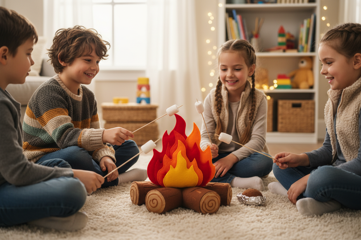 children playing with a felt campfire