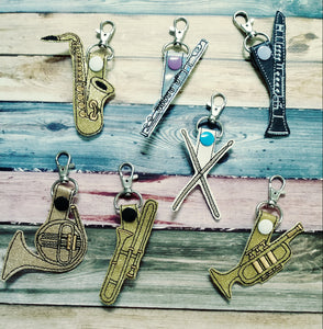 Music instrument key chain - snap tab - flute - clarinet - drum sticks - saxophone - french horn - trumpet - trombone - bag tag - marching band
