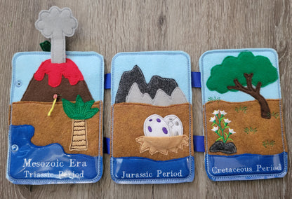 Felt Quiet Book of Prehistoric Times - Mesozoic, Paleozoic - and Cenozoic Eras - Dinosaurs - Volcano - Camp fire - Cavemen - Education Tool