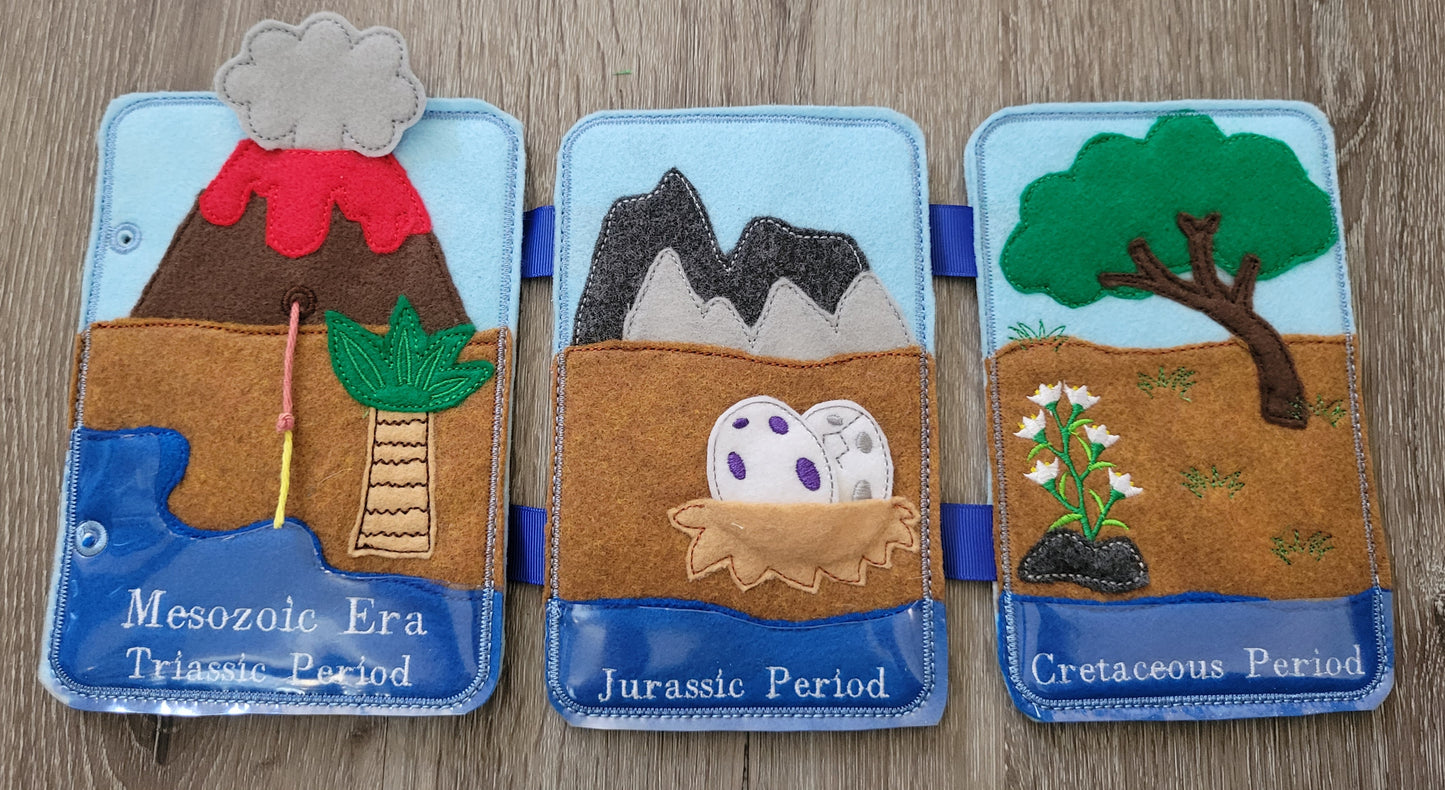 Felt Quiet Book of Prehistoric Times - Mesozoic, Paleozoic - and Cenozoic Eras - Dinosaurs - Volcano - Camp fire - Cavemen - Education Tool