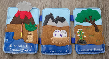 Felt Quiet Book of Prehistoric Times - Mesozoic, Paleozoic - and Cenozoic Eras - Dinosaurs - Volcano - Camp fire - Cavemen - Education Tool