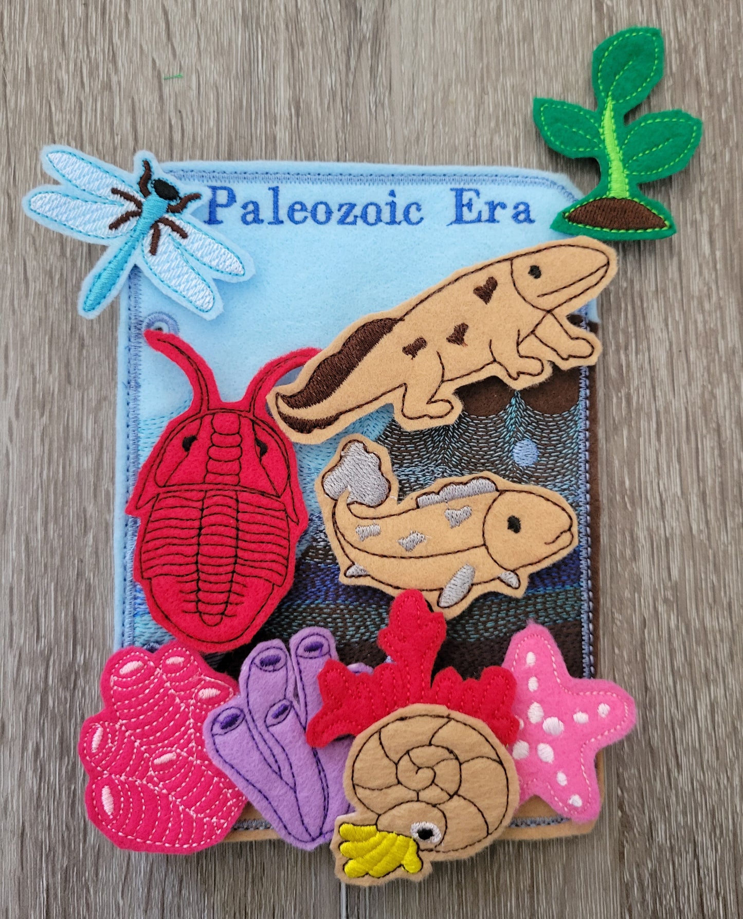 Felt Quiet Book of Prehistoric Times - Mesozoic, Paleozoic - and Cenozoic Eras - Dinosaurs - Volcano - Camp fire - Cavemen - Education Tool