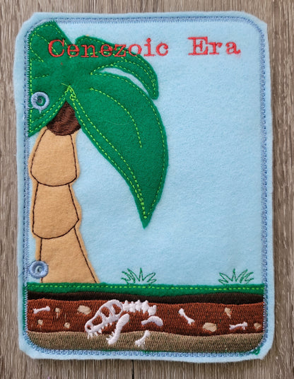 Felt Quiet Book of Prehistoric Times - Mesozoic, Paleozoic - and Cenozoic Eras - Dinosaurs - Volcano - Camp fire - Cavemen - Education Tool