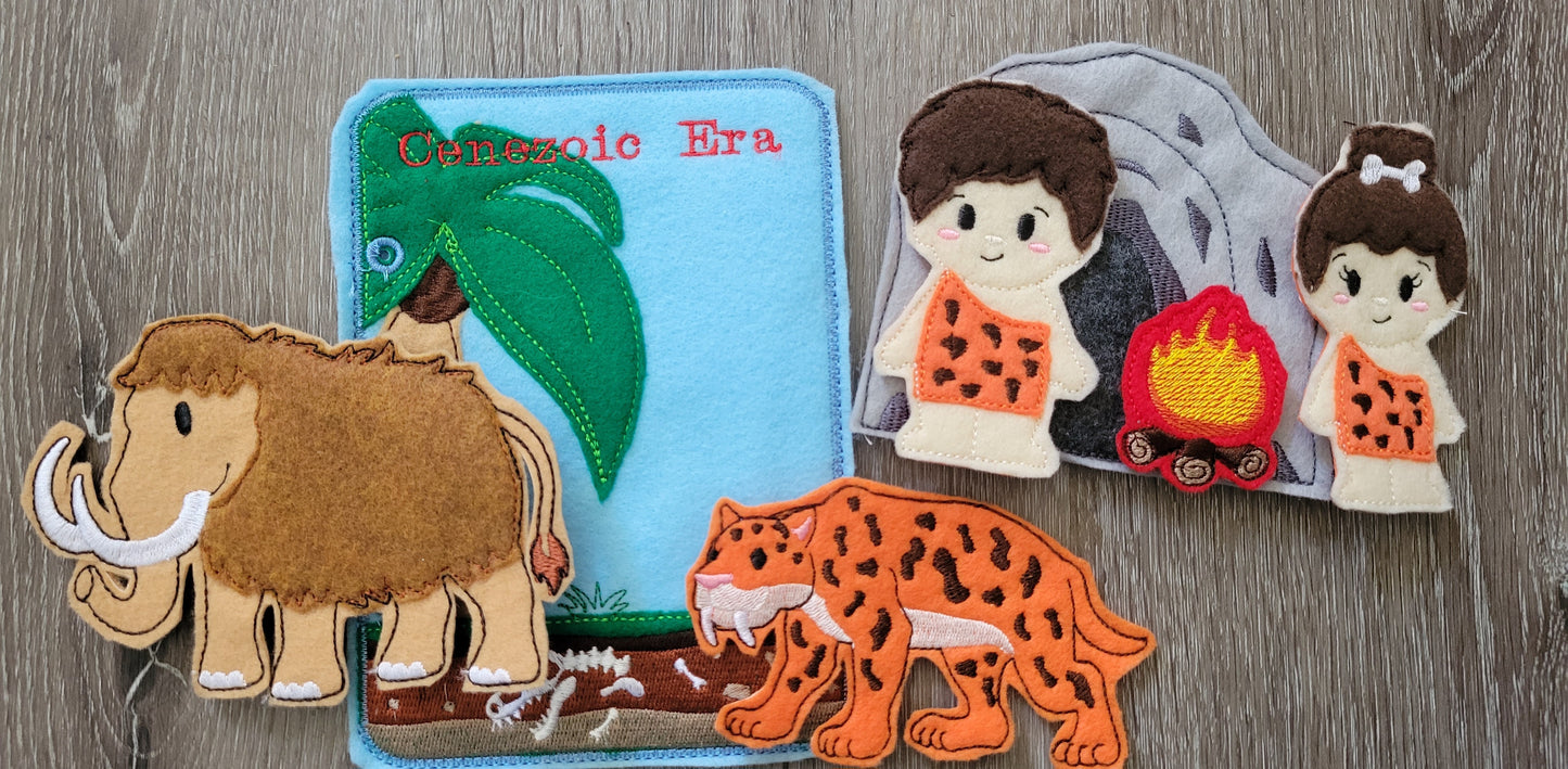 Felt Quiet Book of Prehistoric Times - Mesozoic, Paleozoic - and Cenozoic Eras - Dinosaurs - Volcano - Camp fire - Cavemen - Education Tool