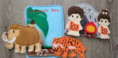 Felt Quiet Book of Prehistoric Times - Mesozoic, Paleozoic - and Cenozoic Eras - Dinosaurs - Volcano - Camp fire - Cavemen - Education Tool