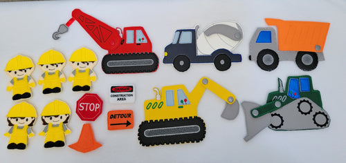 Movable Construction Vehicle Play Set - Construction Worker Finger Puppets - Traffic Signs - Sensory Toy