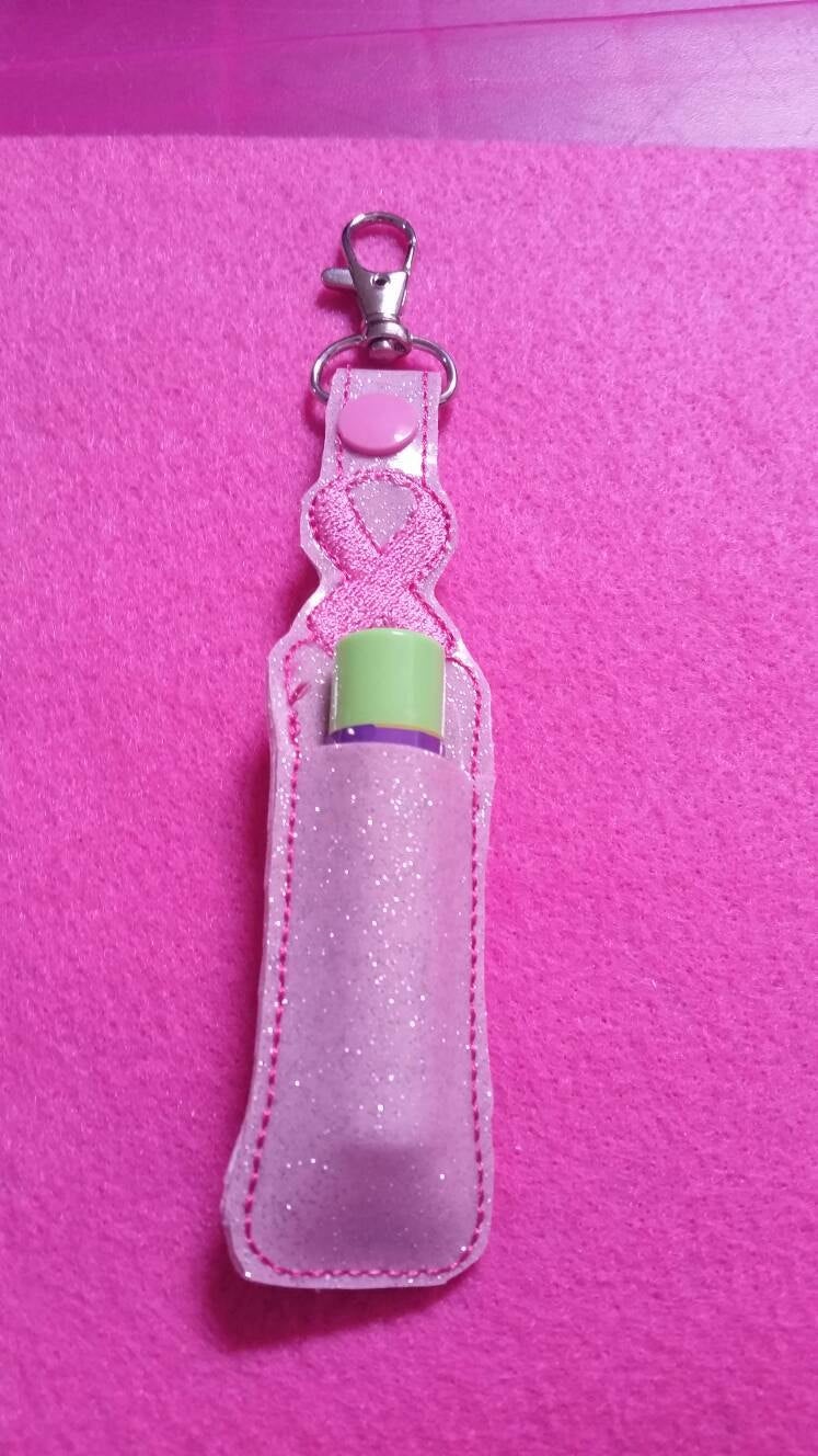 Breast Cancer Pink Ribbon Lip Balm Holder... Lip Balm Keychain...Great Size to store Flashdrive or chapstick..Ribbon color can be Changed