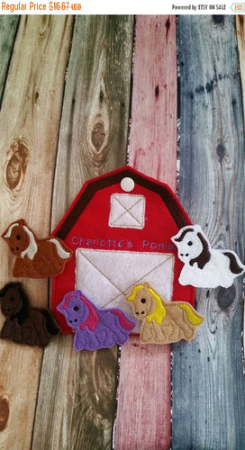 Horse Finger Puppets - Barn Shaped Storage Bag - Free Personalization -  Quiet Toy - Busy Bag - Activity Bag - custom colors