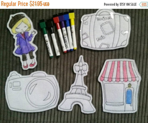 Paris Theme - Coloring Dolls - Quiet Activity - Busy Bags - Color again and again - Eiffel Tower - Camera - Boutique -  Doll - dry erase