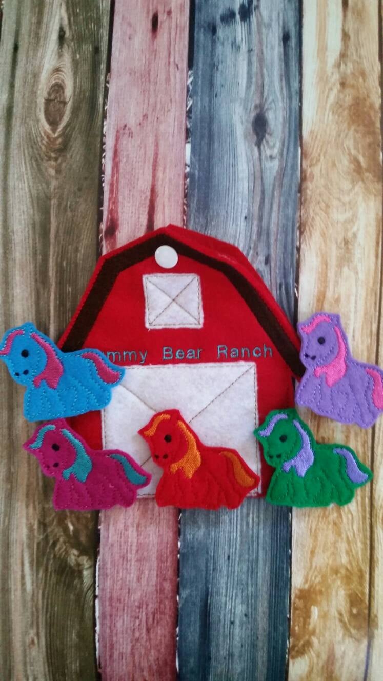 Horse Finger Puppets - Barn Shaped Storage Bag - Free Personalization -  Quiet Toy - Busy Bag - Activity Bag - custom colors