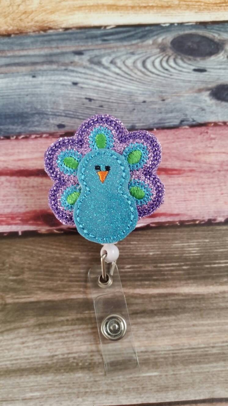 Badge Reel - Peacock - Retractable Badge Holder - uniform - ID Holder - bird - Nurse Gift - Hospital Employee Gift - peacock feathers