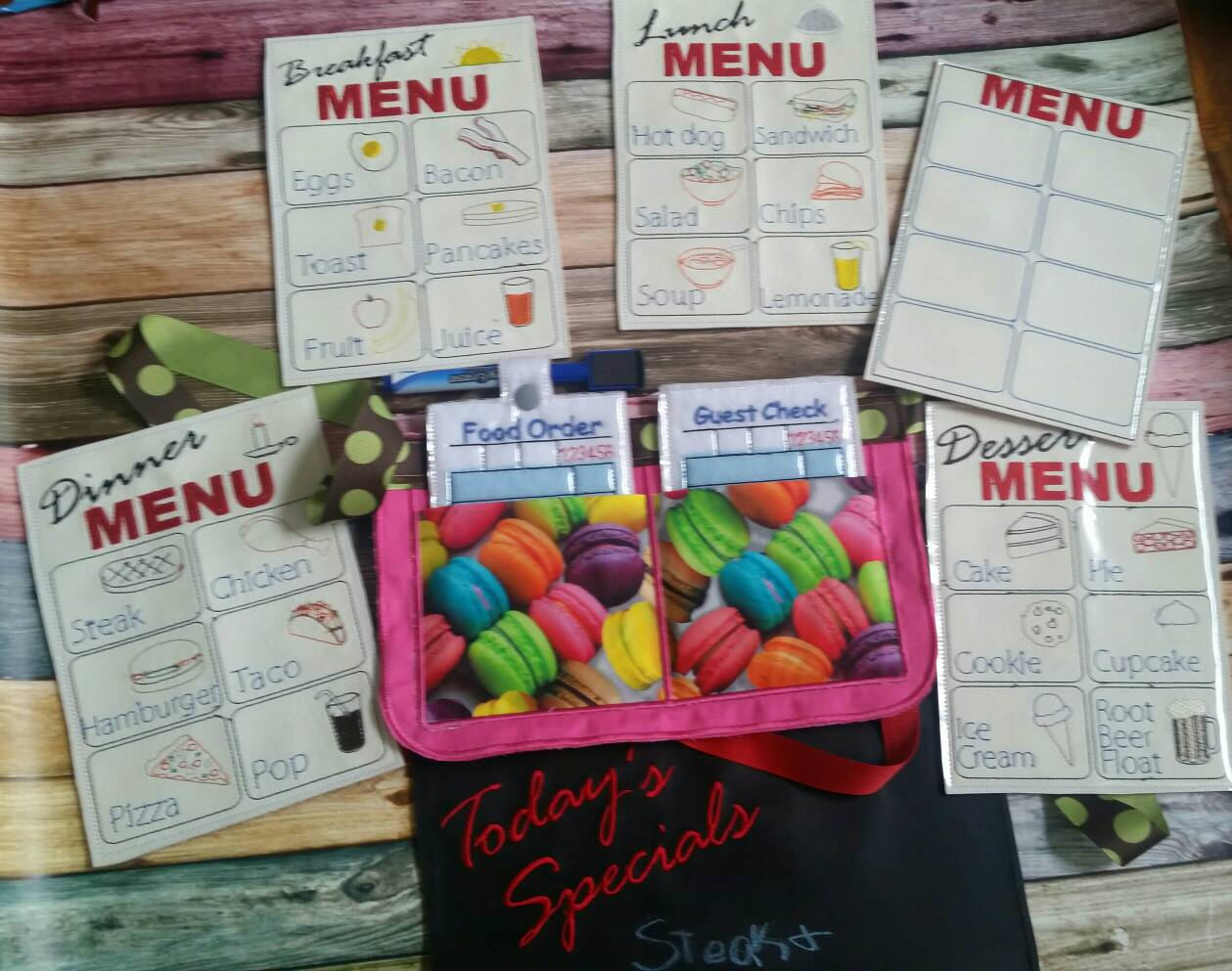 Restaurant play set - pretend restaurant - waiter - waitress - pretend menus - pocket apron  - pretend play - play kitchen  - learning toy