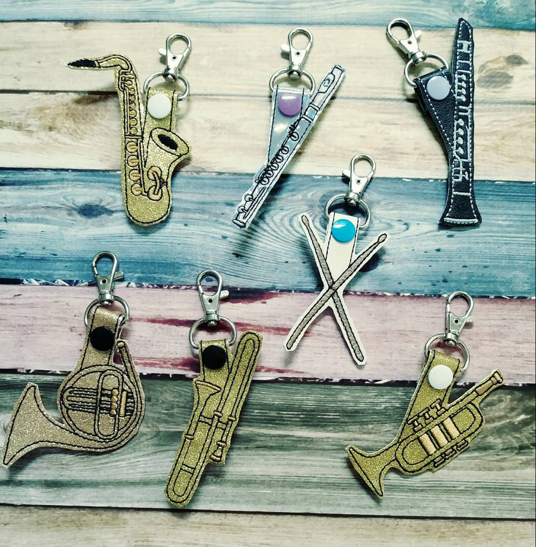 Marching Band Musical Instrument keychain, flute, clarinet, saxophone,  trumpet, trombone, french horn, drum sticks, gift for band students