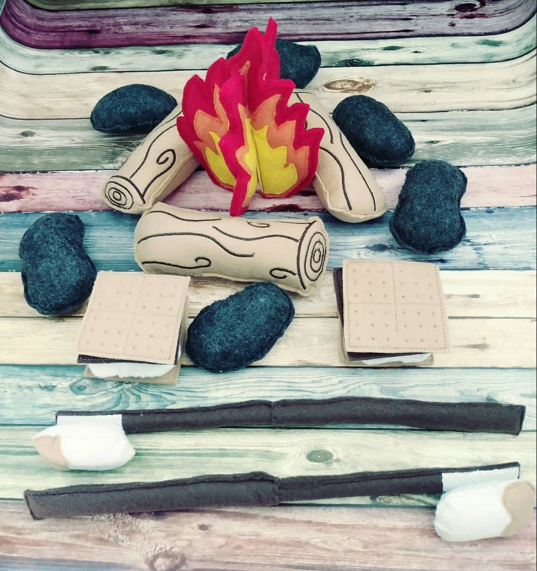 Felt campfire play set gift for kids- fake fire pit  - camper decor - bonfire - set for two - photography prop