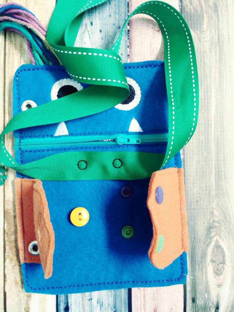 Toddler quiet book page - Monster book page - monster closure page - learn to tie - learn to zip - learn to button - learn to snap - braid