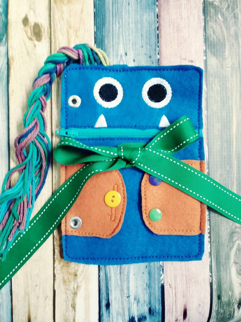Toddler quiet book page - Monster book page - monster closure page - learn to tie - learn to zip - learn to button - learn to snap - braid