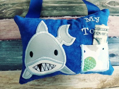 Shark Tooth Fairy Pillow for Boys, Personalized Tooth Fairy Pillow, Tooth Fairy Gift, Hanging Tooth Fairy Pillow,  Custom Tooth Fairy Pillow