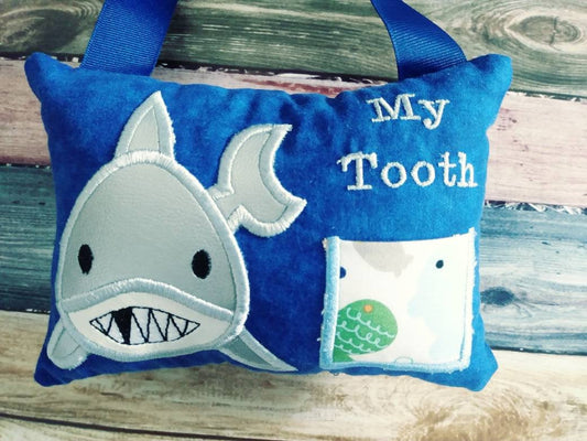 Shark Tooth Fairy Pillow for Boys, Personalized Tooth Fairy Pillow, Tooth Fairy Gift, Hanging Tooth Fairy Pillow,  Custom Tooth Fairy Pillow