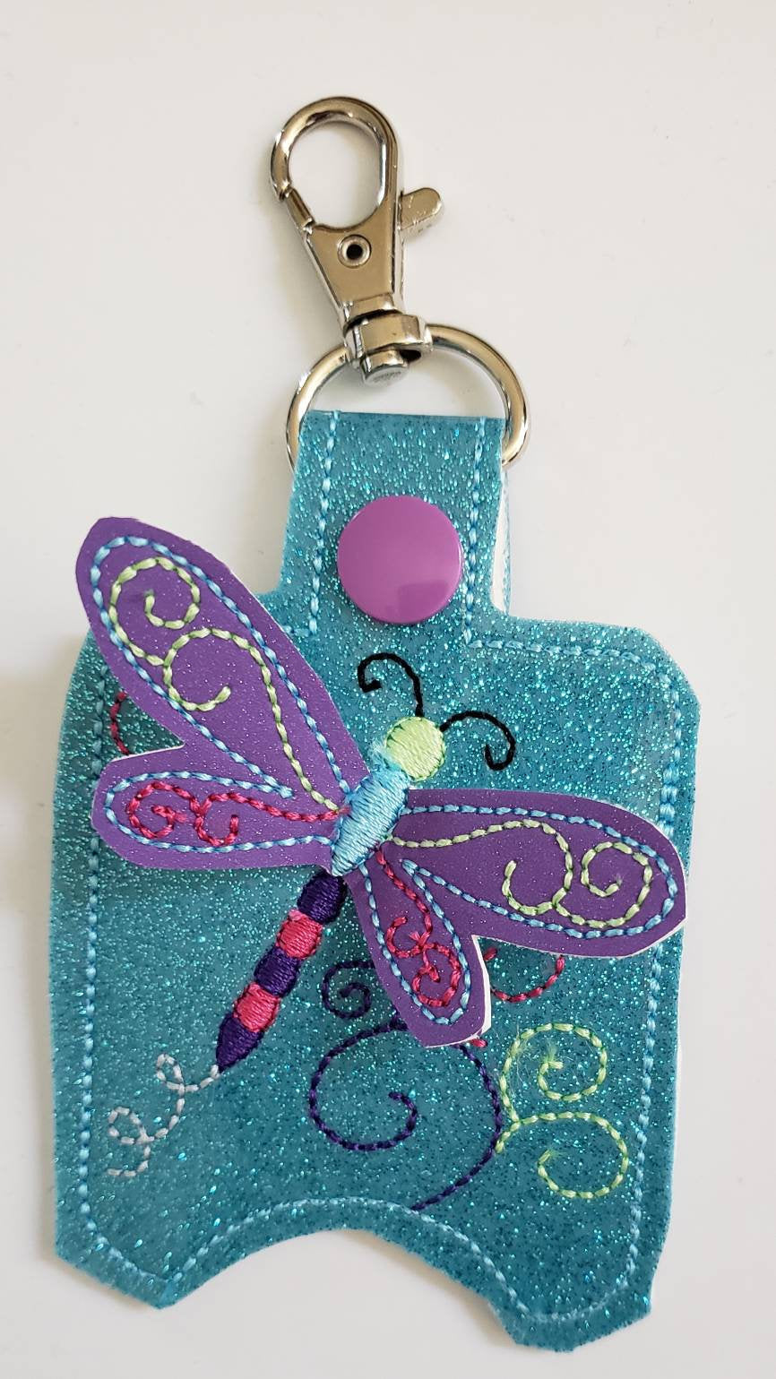 Hand sanitizer holder - glitter vinyl dragonfly hand sanitizer holder - purse tag - sports bag tag - hand sanitizer fob - back pack tag