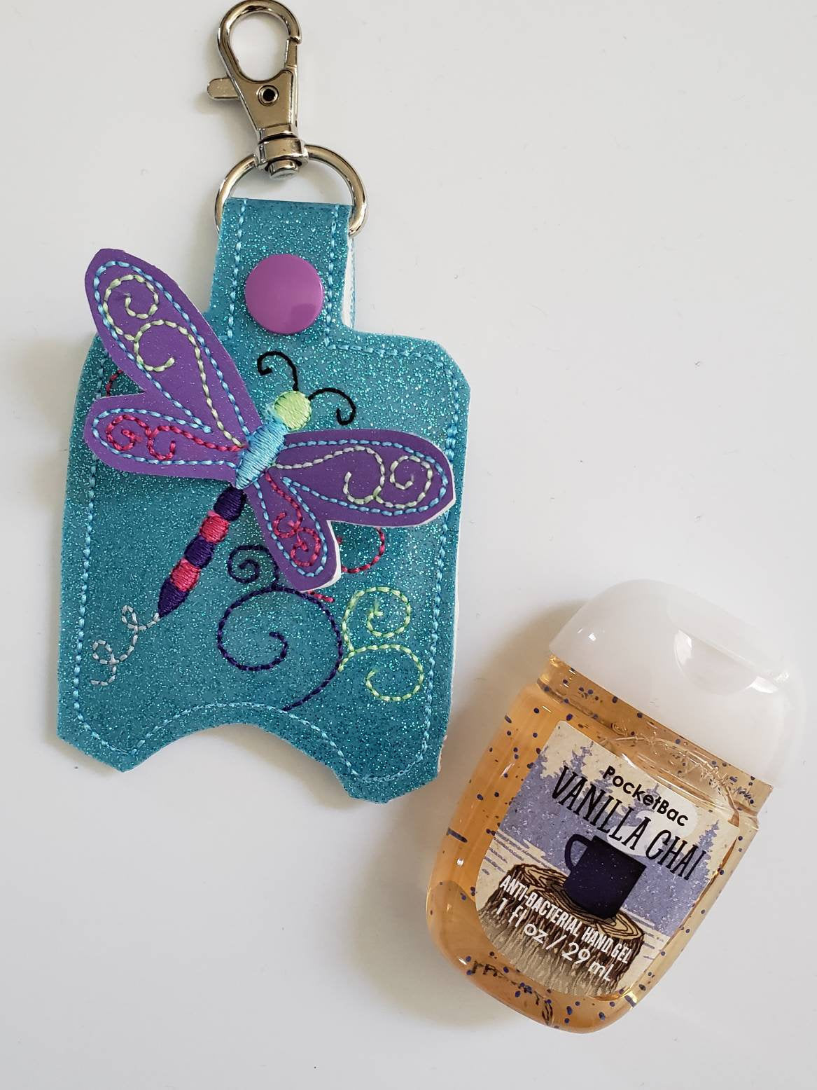 Hand sanitizer holder - glitter vinyl dragonfly hand sanitizer holder - purse tag - sports bag tag - hand sanitizer fob - back pack tag