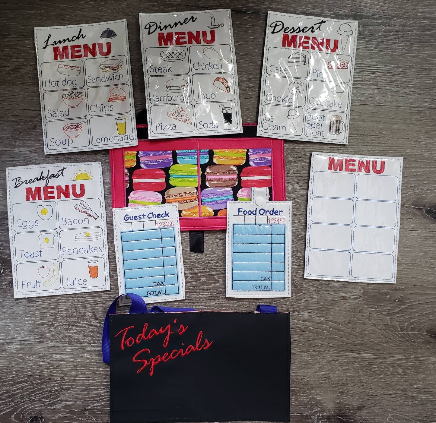 Waitress play set - Restaurant toys - Restaurant play set - pretend restaurant - pretend menus - pretend play - play kitchen- pocket apron