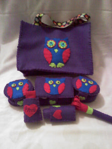 Purple, Pink, Lime Green and Blue Owl Felt Make-up Set with Eye Shadow