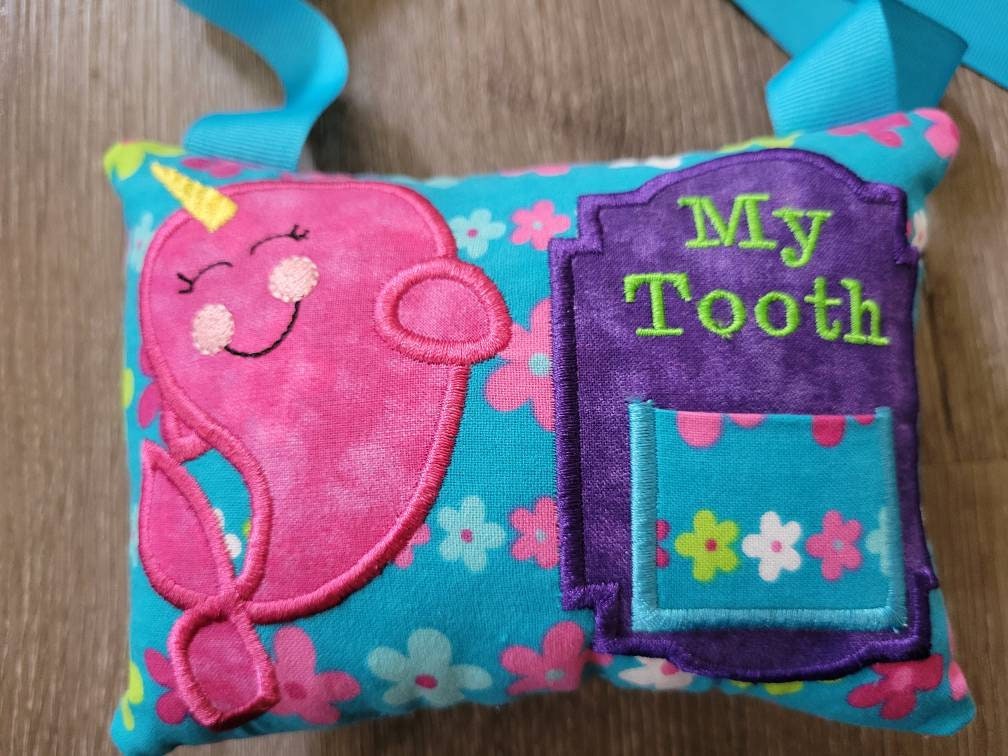 Narwal Tooth Fairy Pillow, Personalized, Tooth Fairy Gift, Hanging Tooth Fairy Pillow,  Custom, turquoise flowers, Ocean, animal