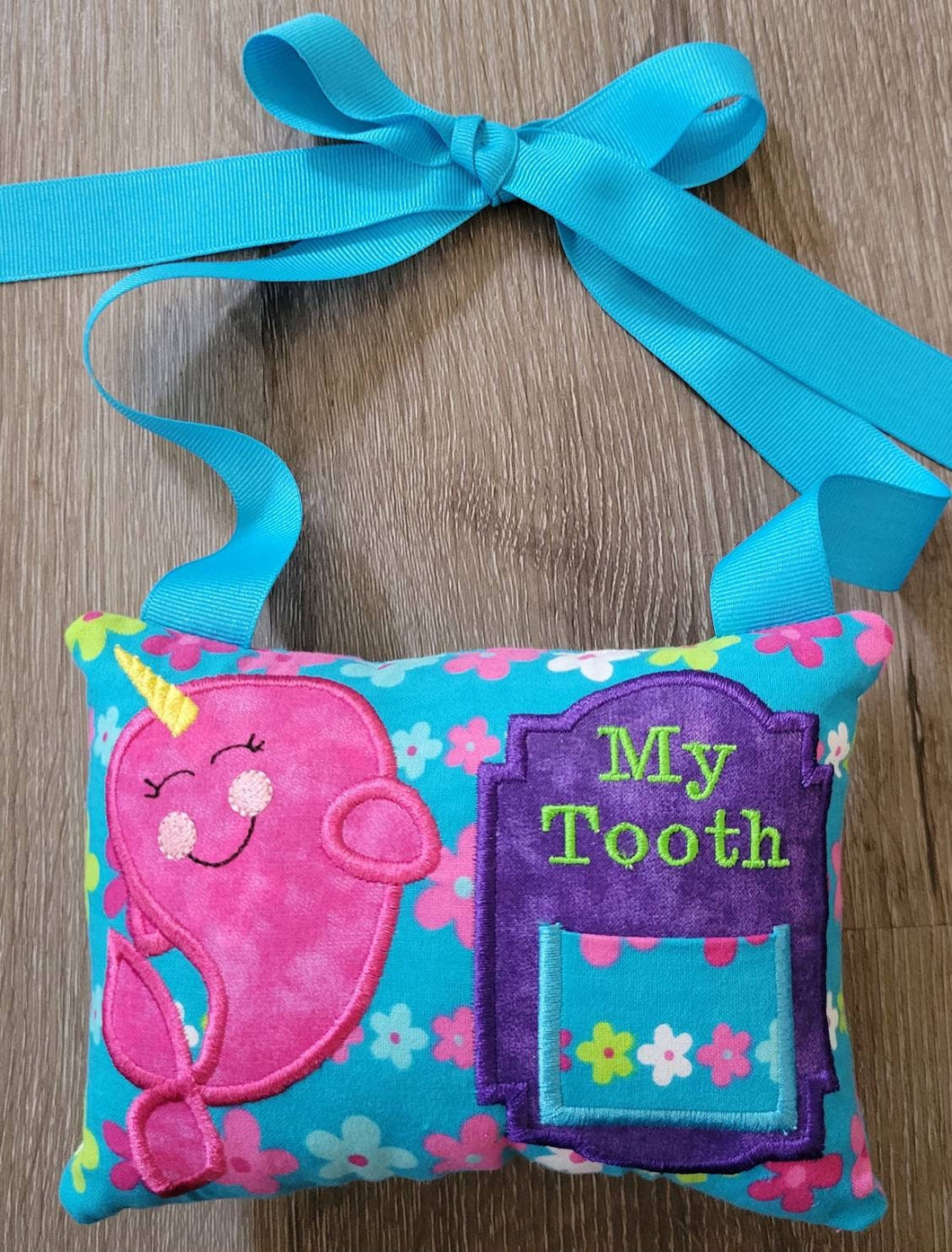 Narwal Tooth Fairy Pillow, Personalized, Tooth Fairy Gift, Hanging Tooth Fairy Pillow,  Custom, turquoise flowers, Ocean, animal