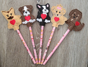 Valentines day gift - Dog Pencil Toppers - class party favor - Puppy Heart - gift for kids - Non Food Treat - Bulldog - German Shepard