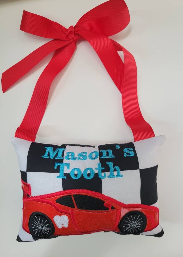 Red Racecar Tooth Fairy Pillow for Boys, Personalized Tooth Fairy Pillow, Tooth Fairy Gift, Hanging Tooth Fairy Pillow, Custom Tooth Pillow