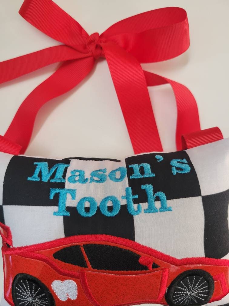 Red Racecar Tooth Fairy Pillow for Boys, Personalized Tooth Fairy Pillow, Tooth Fairy Gift, Hanging Tooth Fairy Pillow, Custom Tooth Pillow
