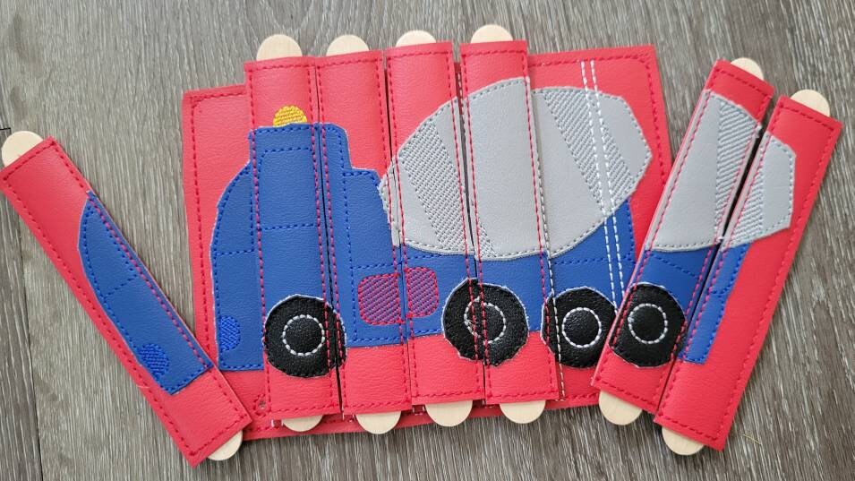 Cement Truck Stick Puzzle - toddler quiet book page- Seven Pieces - motor skills - classroom - educational - Busy Bag - Activity Bag