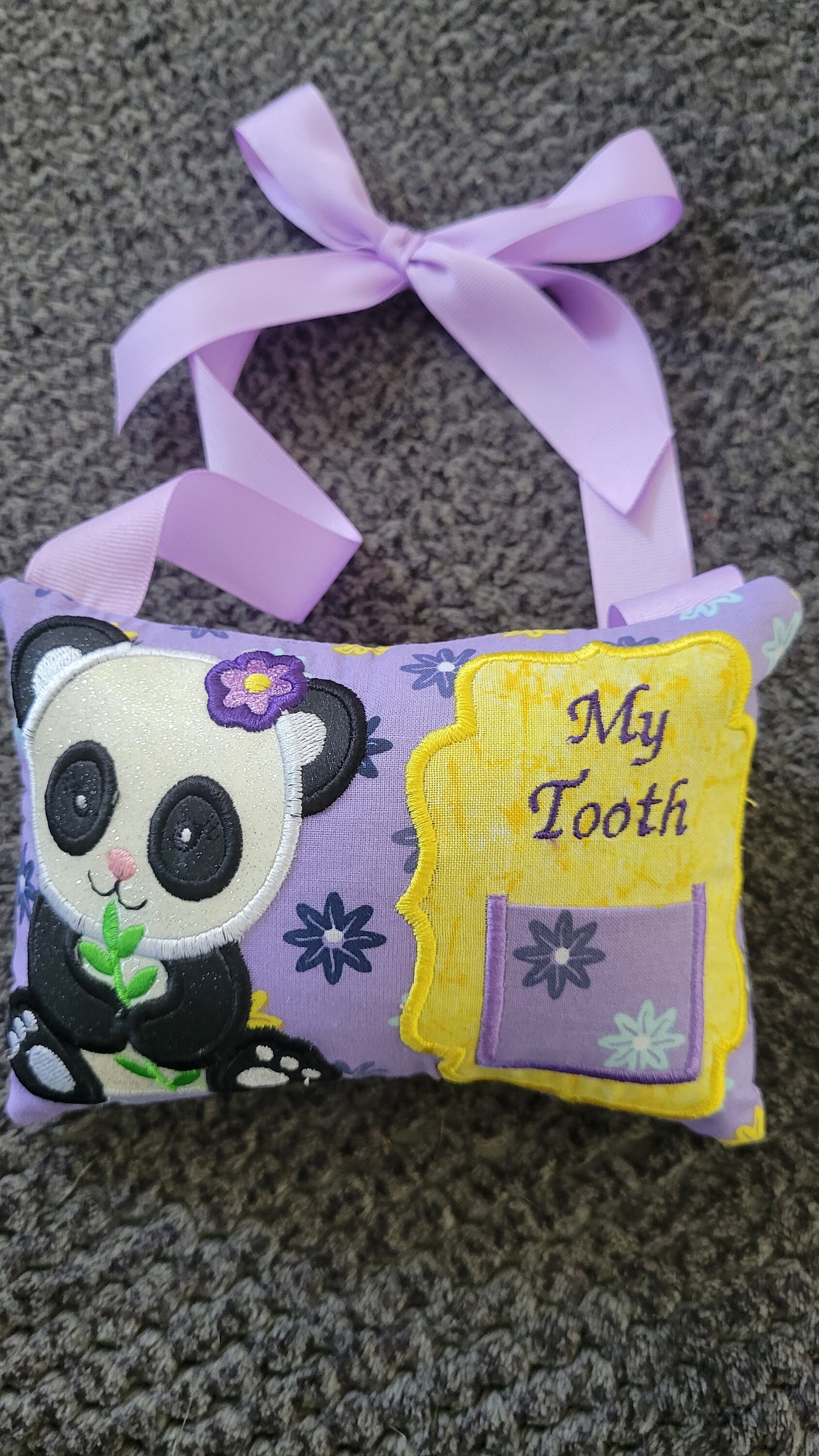 Panda Bear - Door Hanger Tooth Fairy Pillow - Lavender with Flowers - personalized keepsake - Girl tooth fairy pillow - custom colors