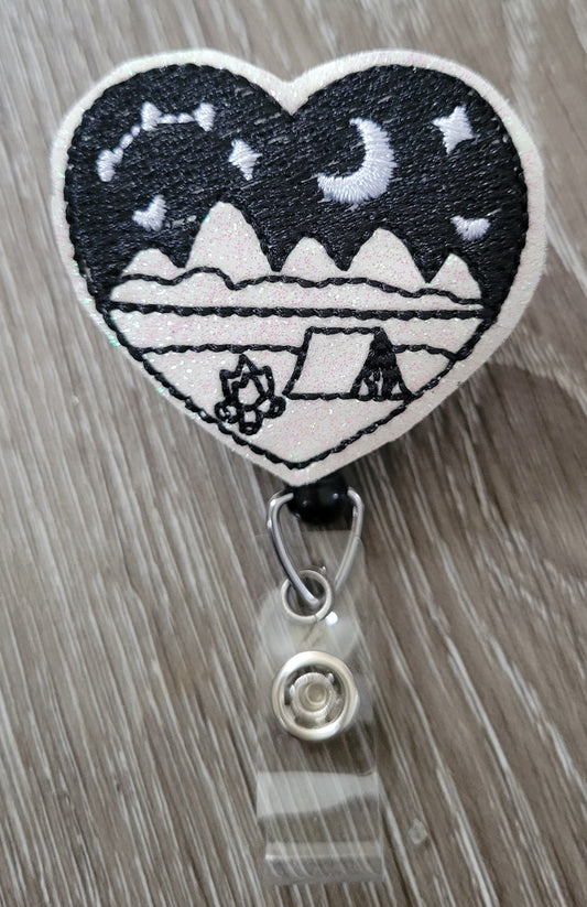 Camping Background Badge Reel - Campfire Retractable ID Badge Holder - name badge holder - Outdoors theme - cute badge reel - badge clip