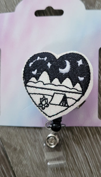 Camping Background Badge Reel - Campfire Retractable ID Badge Holder - name badge holder - Outdoors theme - cute badge reel - badge clip
