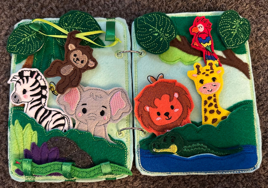 Jungle Animal Toddler Quiet Book - Busy Book - Zoo Animal Activity Book - Gift for Toddler - Animal Finger Puppets - Educational Quiet Book
