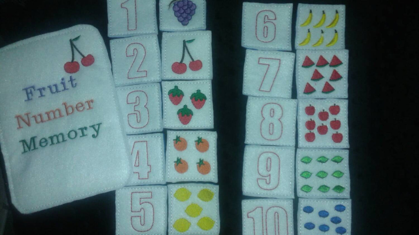 20 Piece Felt Fruit Number Memory Game with Matching Bag - educational - learning game - strategy - felt toy