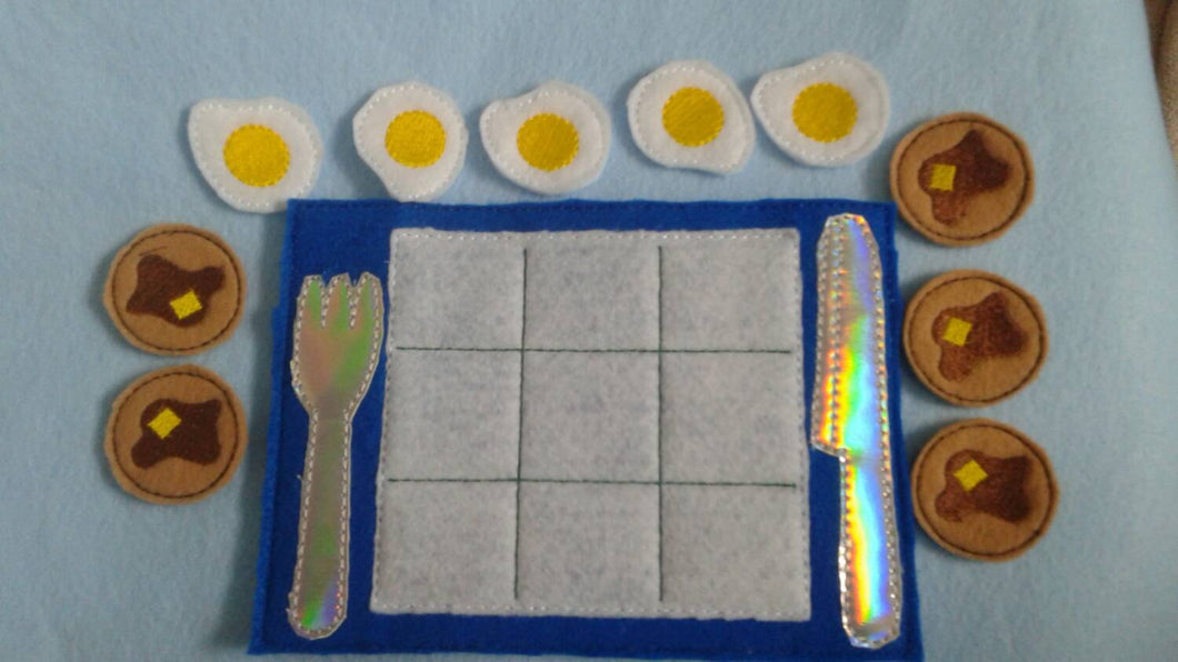 What's for Breakfast?  Tic Tac Toe Game Board and Pieces -  Classic Game - Quiet Toy - Party Favor - Eggs - Pancakes - Place Setting