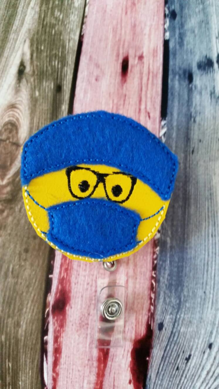 Surgeon with Face Mask Badge Reel - Retractable Badge Reel - Made with Vinyl and Felt and Embroidered - Durable - Uniform
